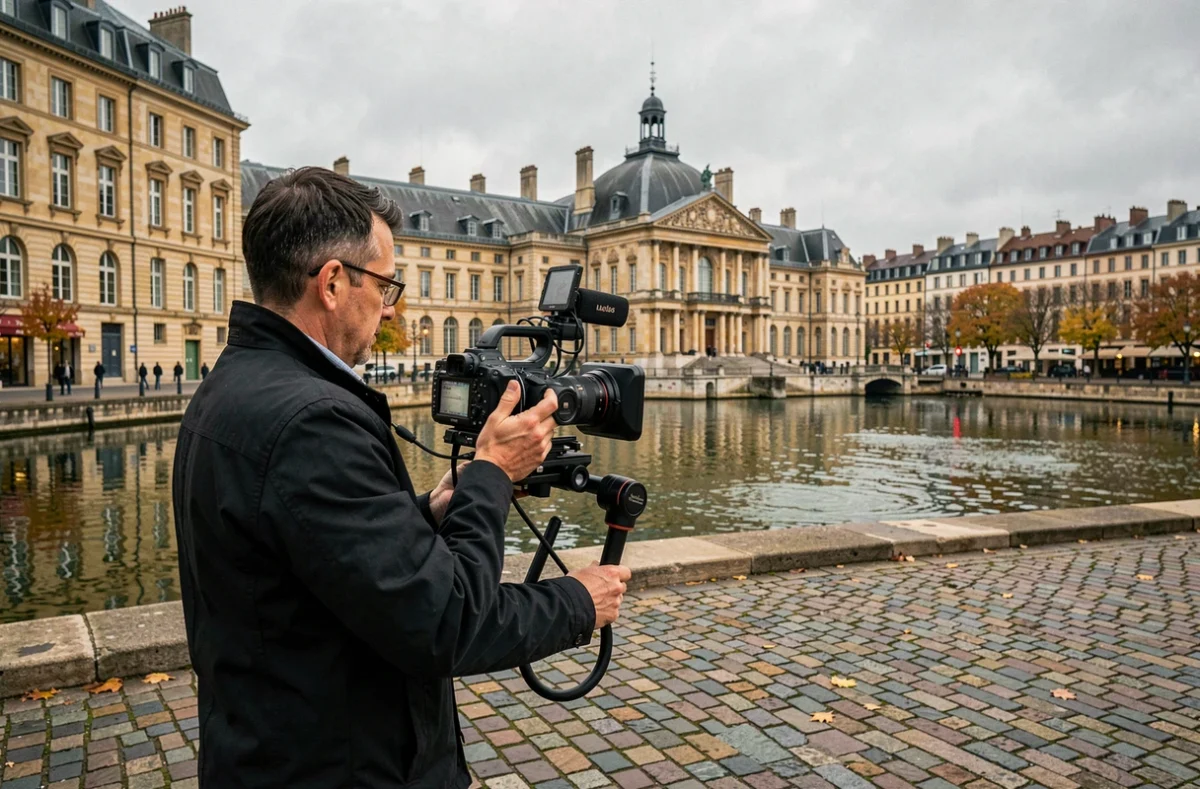 Vidéaste professionnel filmant sur les quais de Bordeaux avec un appareil cinéma sur gimbal, Place de la Bourse en arrière-plan