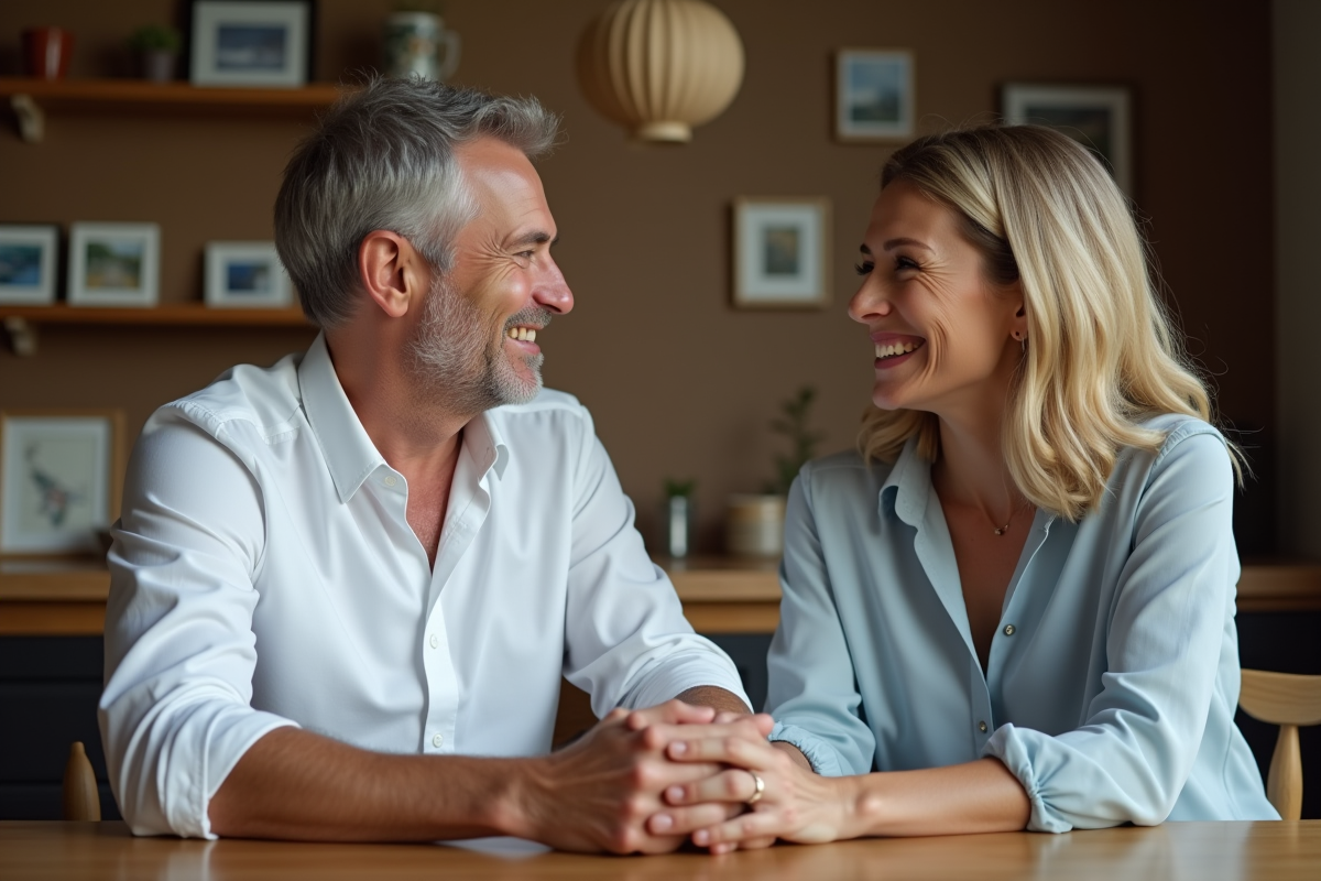 Couple mature souriant lors d’un repas intime à la maison