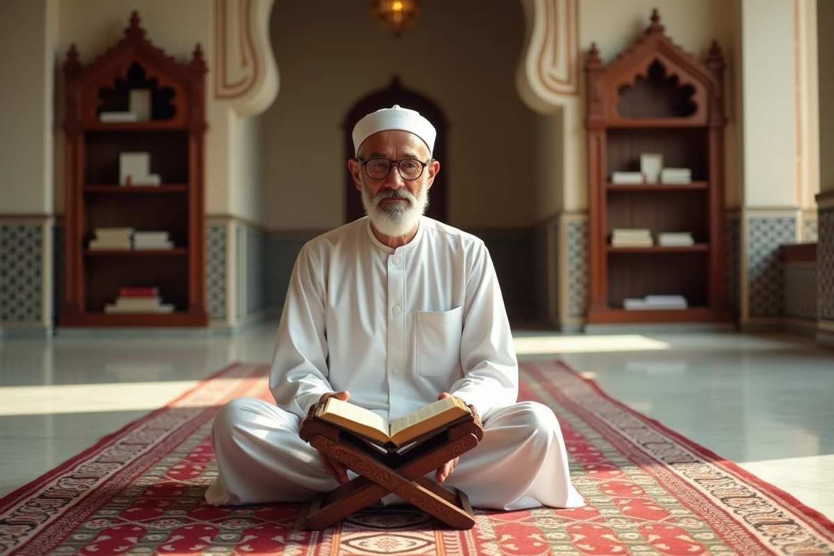 Musulman plus âgé prie dans une mosquée lumineuse