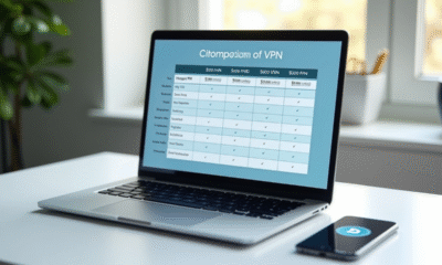 Ordinateur portable avec tableau comparatif VPN sur l'écran