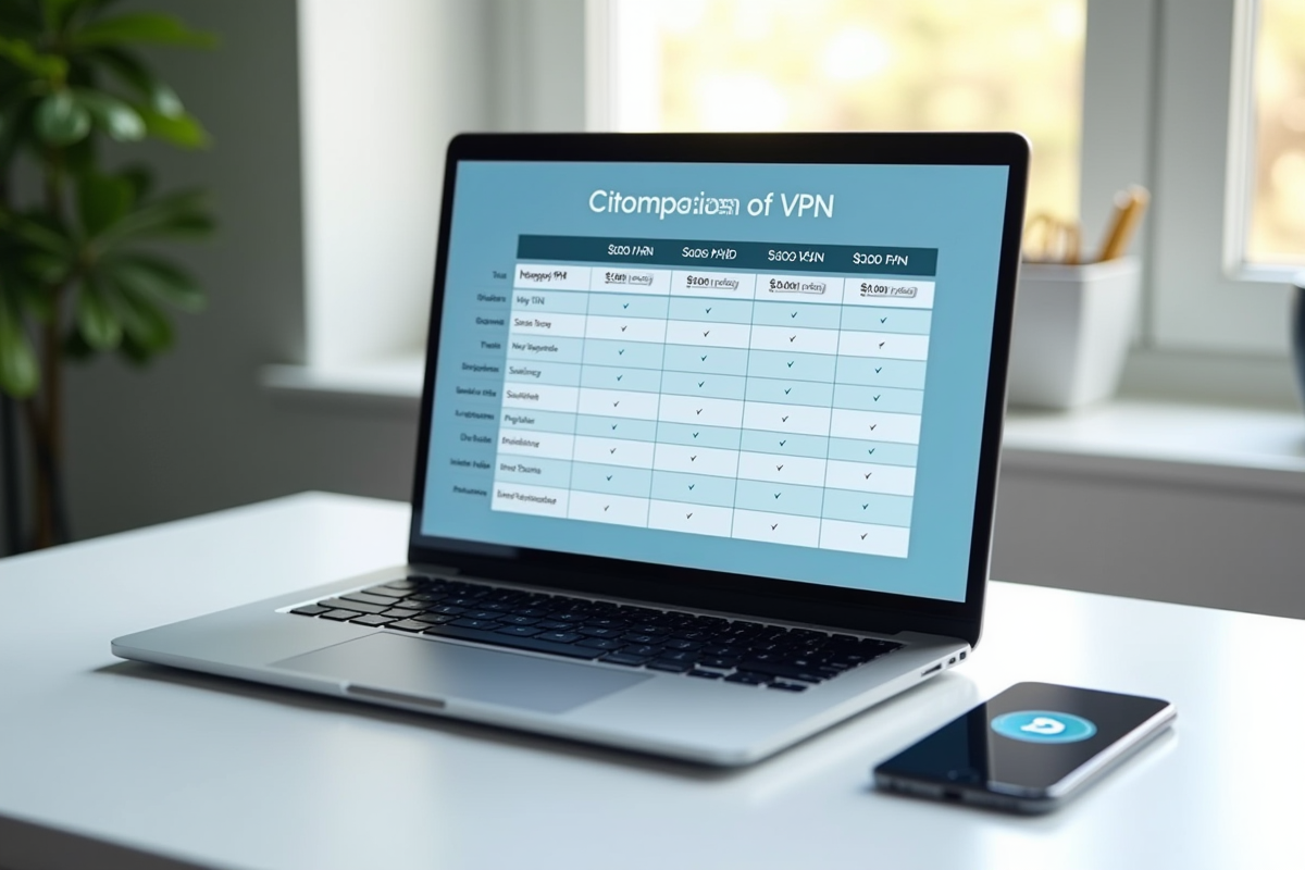 Ordinateur portable avec tableau comparatif VPN sur l'écran