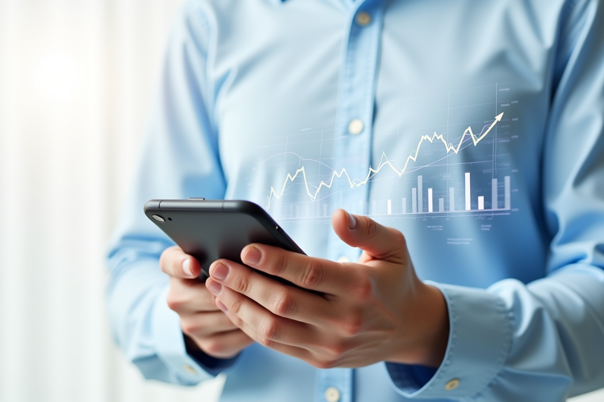 Personne effectuant un paiement digital avec un smartphone et graphiques financiers