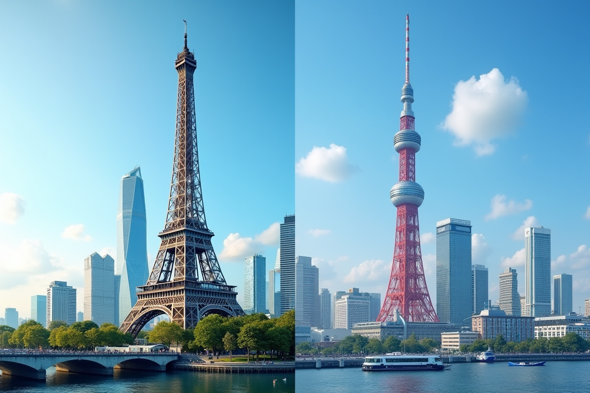 Vue de la tour Eiffel et de Tokyo Tower sous un ciel bleu avec gratte-ciel modernes