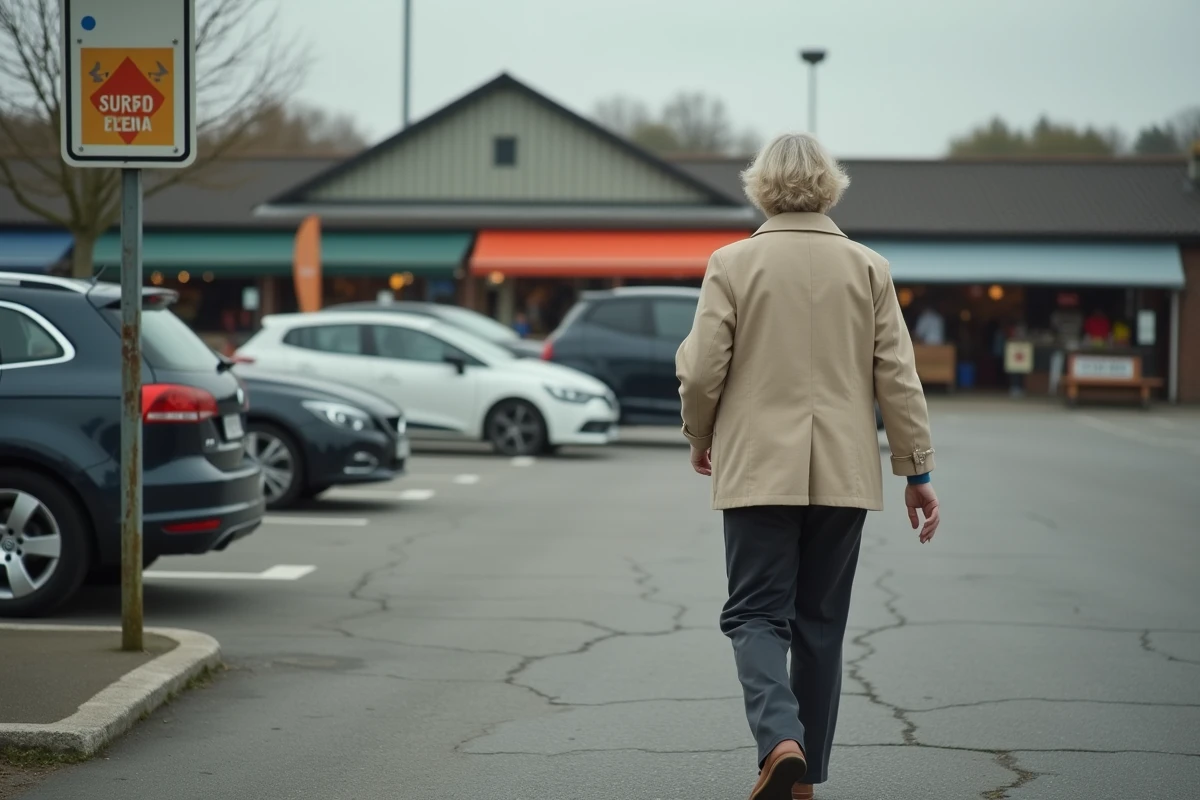 Femme marchant depuis un parking municipal vers le marché de Deauville, panneau de stationnement visible en arrière-plan