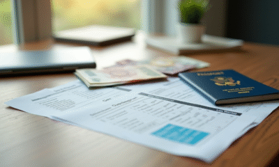 Passeport ouvert avec billets et formulaires fiscaux pour planification fiscale