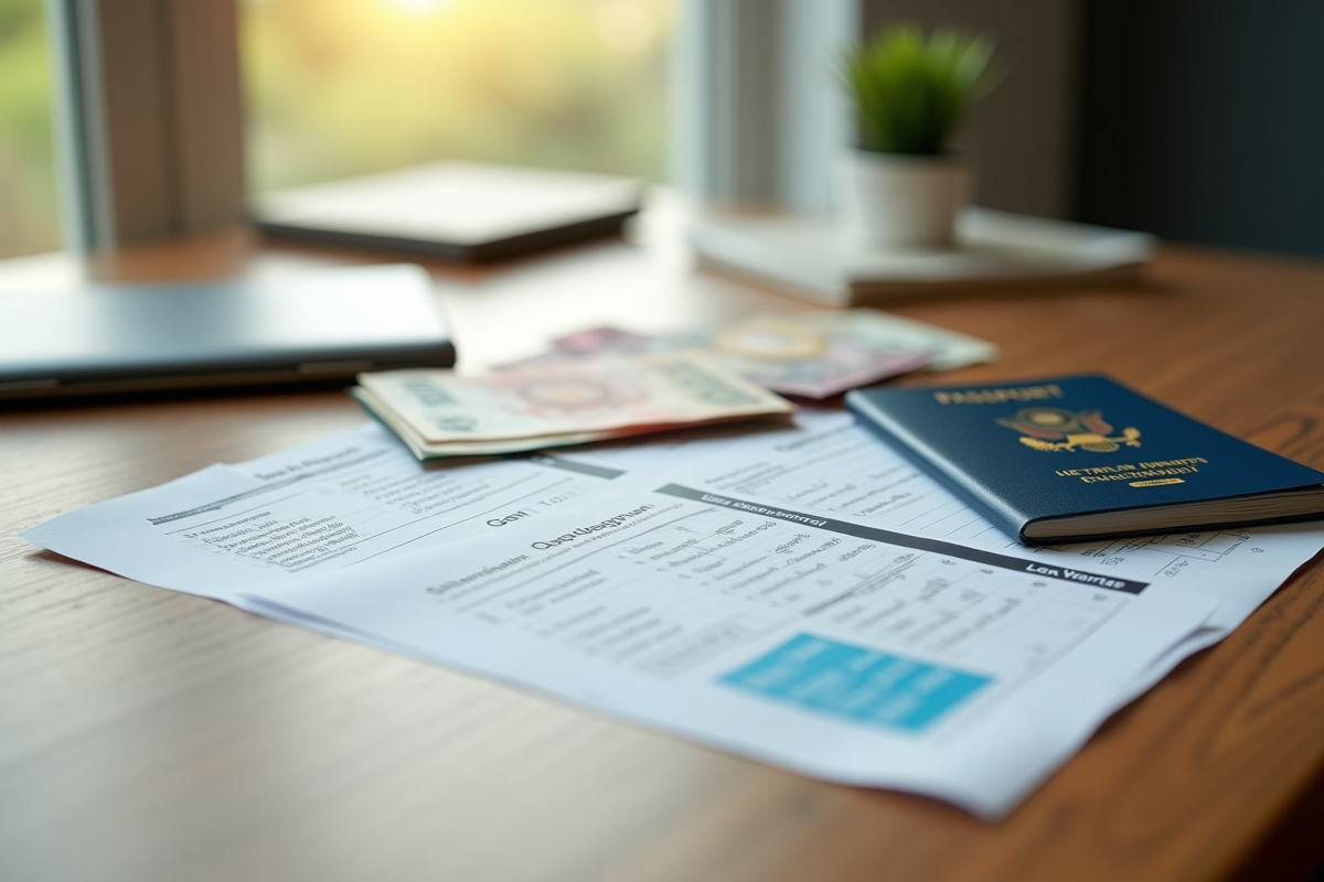 Passeport ouvert avec billets et formulaires fiscaux pour planification fiscale