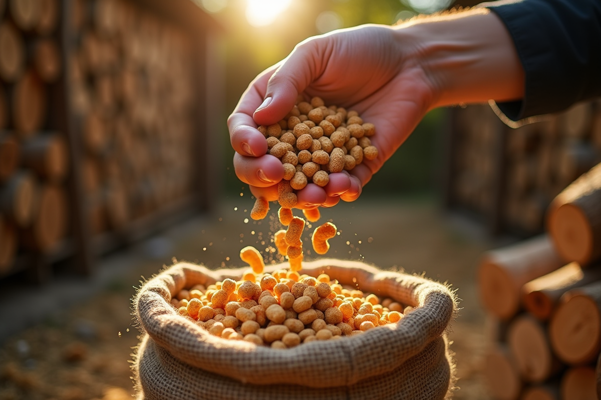  pellets de bois versés par un fermier dans un sac en toile
