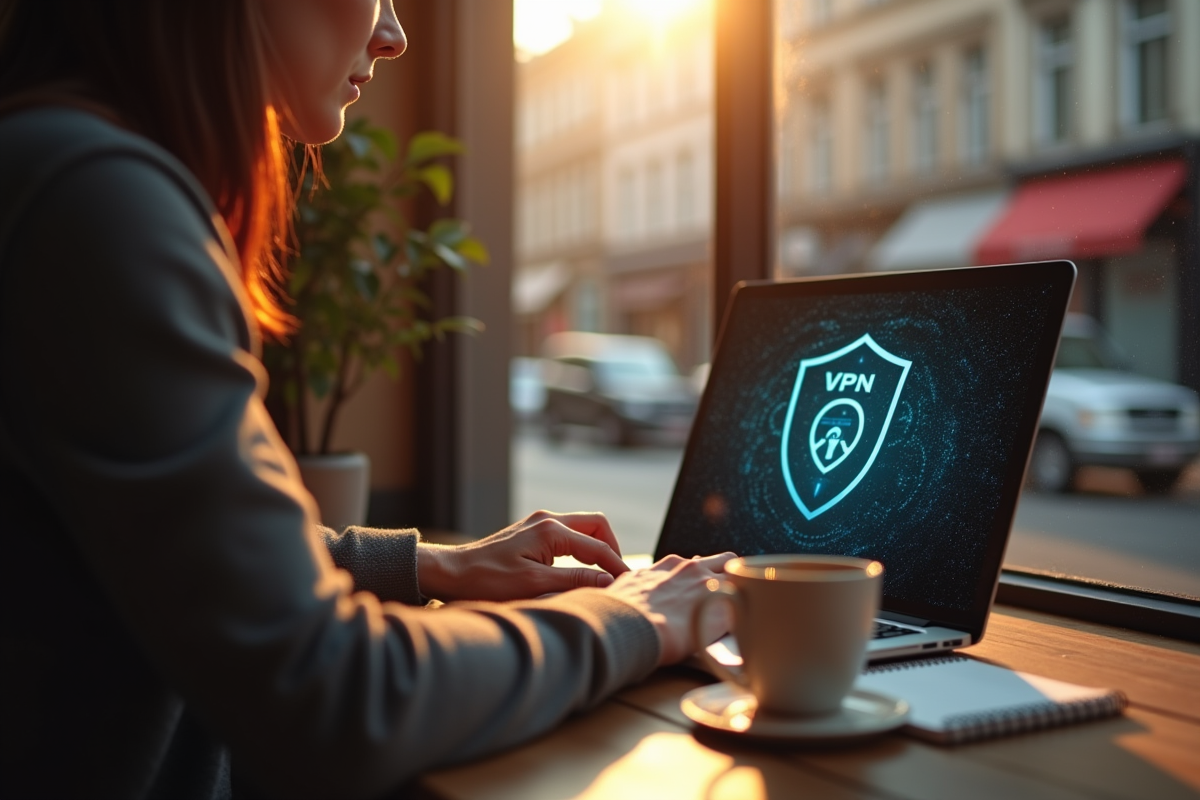 Personne travaillant au café avec icône VPN sur l