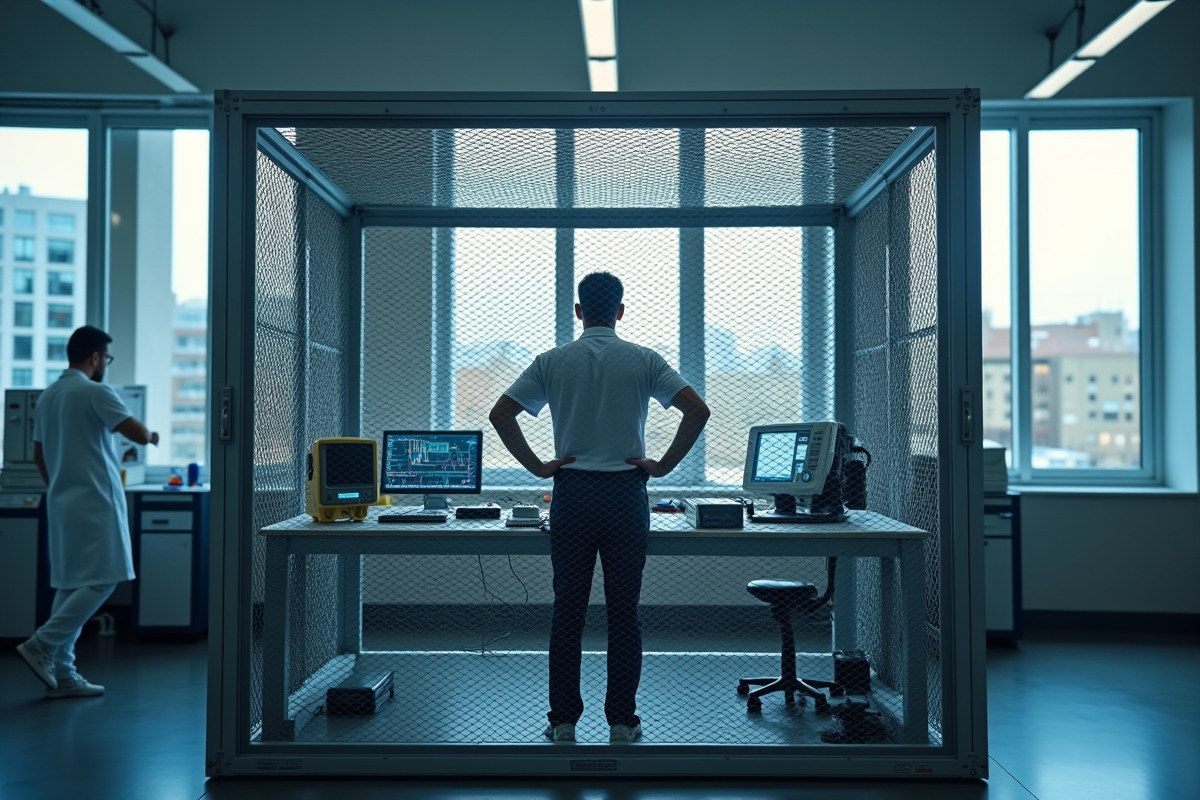 Personne dans un laboratoire moderne avec cage de Faraday