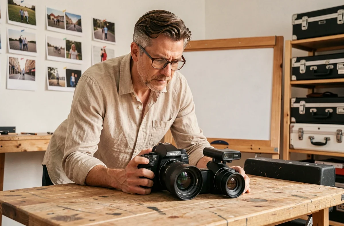 Photographe-33 inspectant deux appareils photo et vidéo sur un établi en bois dans un studio organisé de la métropole bordelaise