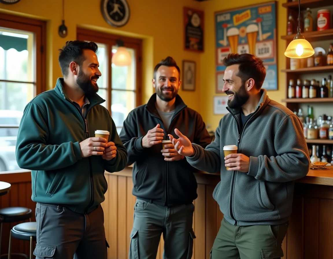 Groupe d'hommes en discussion animée au comptoir d'un café-tabac traditionnel français, scène de vie populaire urbaine