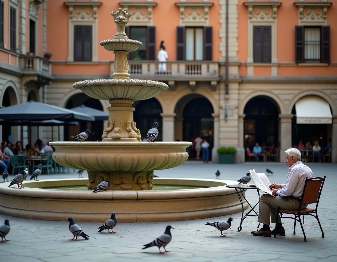Place centrale d'une ville italienne avec fontaine en pierre et architecture Renaissance, évoquant les noms de villes italiennes à 4 lettres