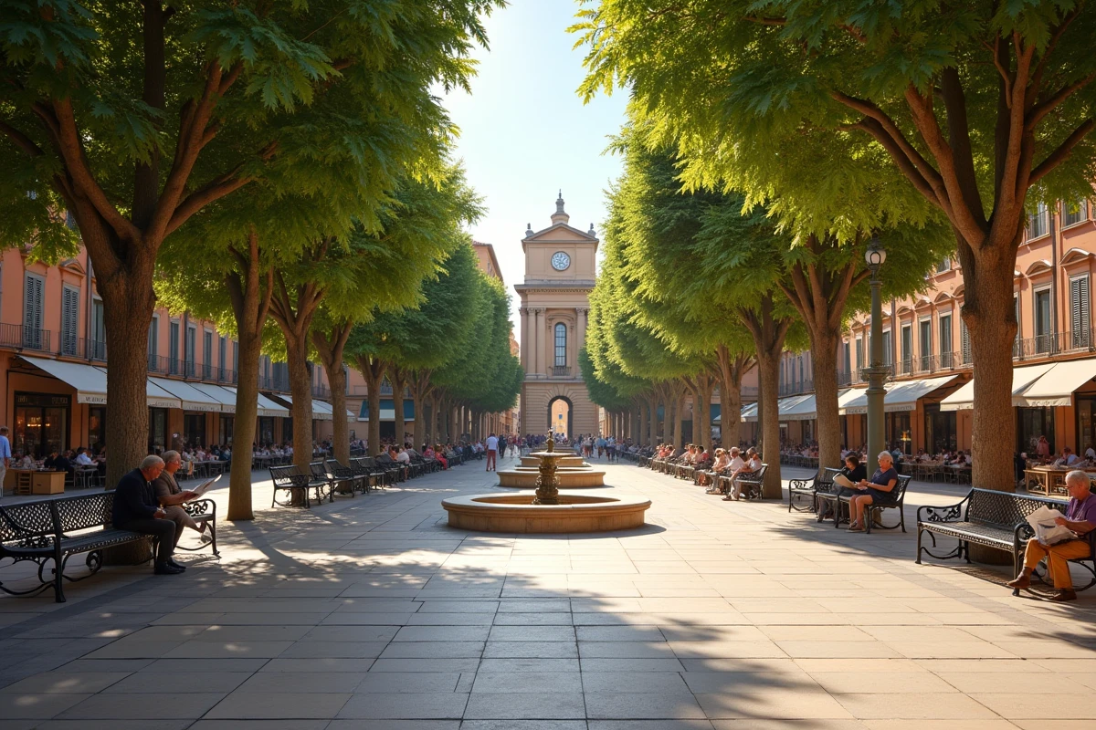 Place publique calme et accueillante à Toulouse avec fontaine, terrasse de café et habitants détendus