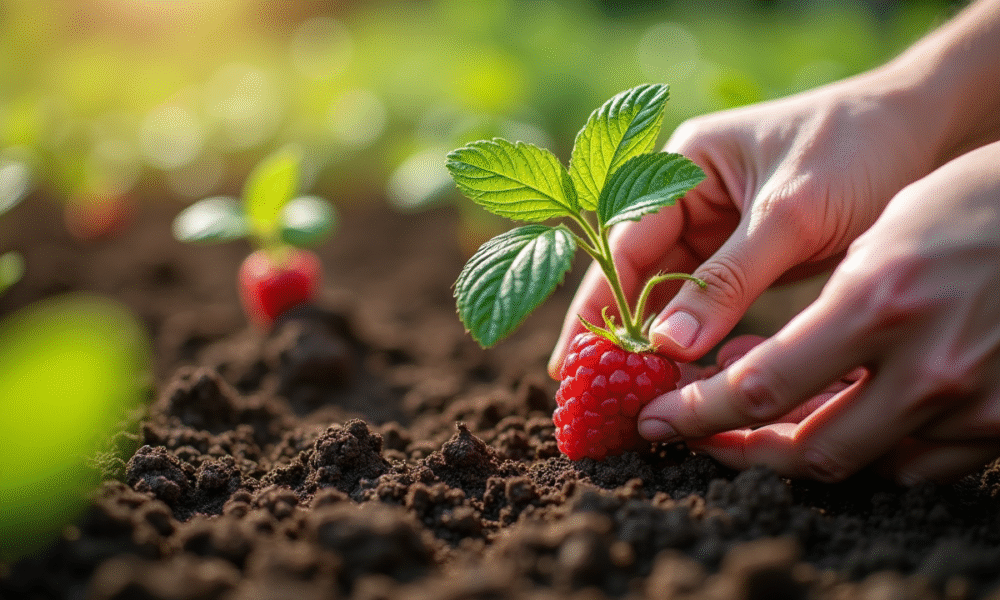 Mains plantant une framboise dans un sol riche en jardin