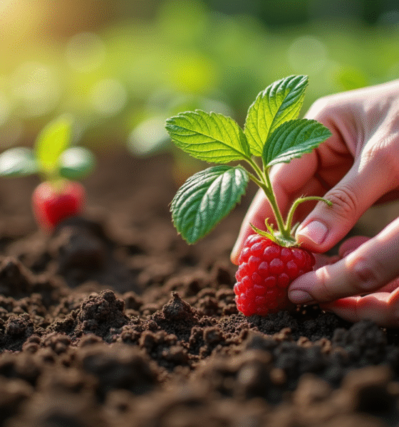 Mains plantant une framboise dans un sol riche en jardin