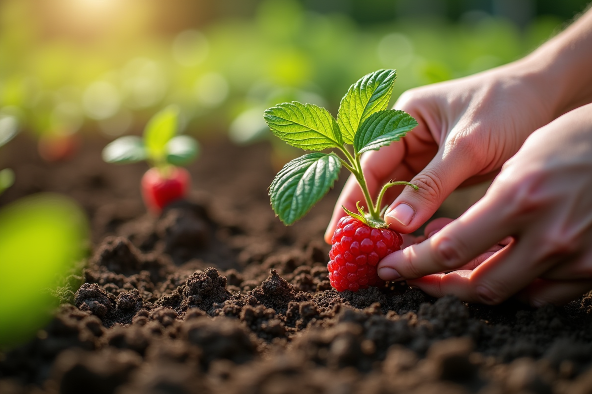 Mains plantant une framboise dans un sol riche en jardin