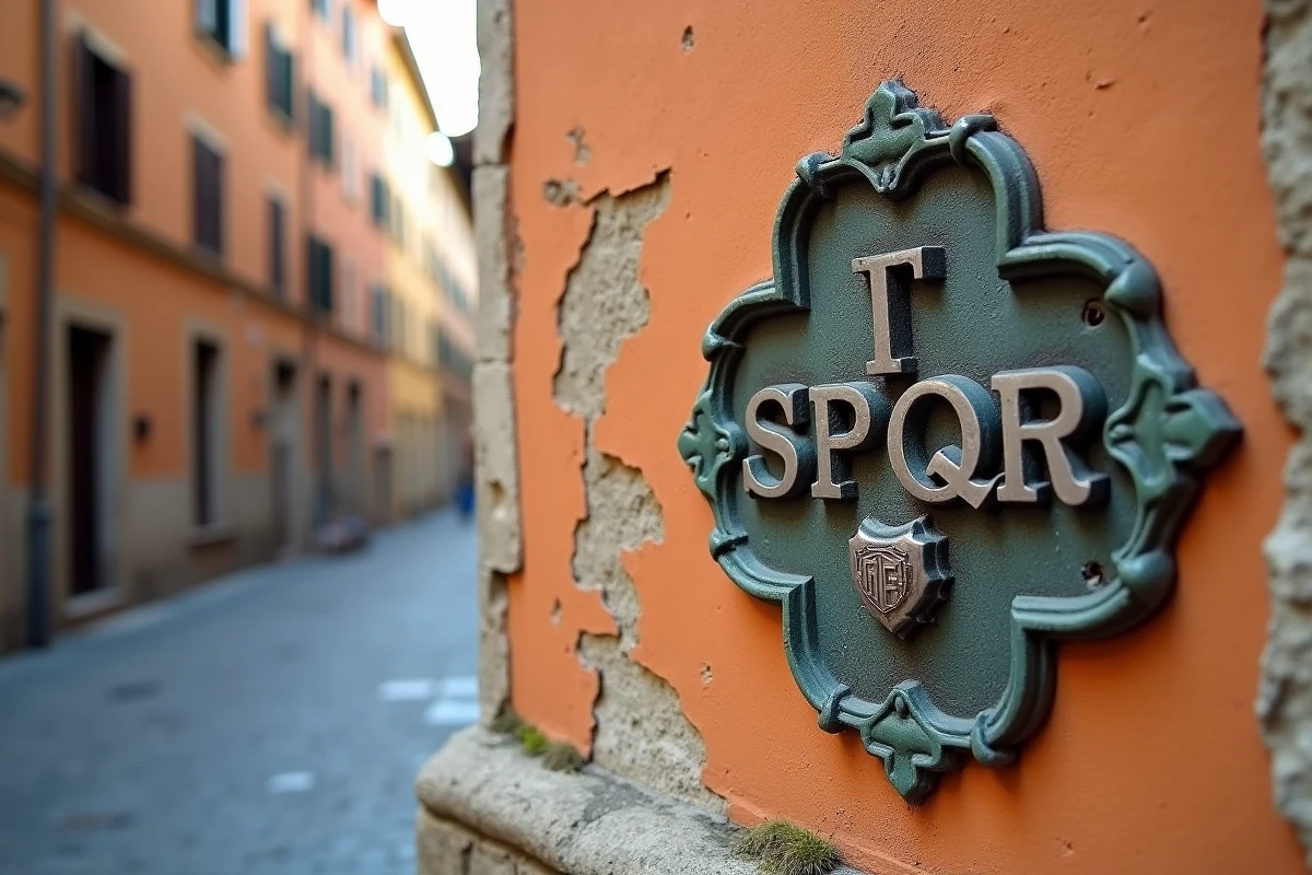 Plaque municipale romaine en fonte avec l'acronyme SPQR sur un mur en stuc ocre dans une ruelle pavée de Rome