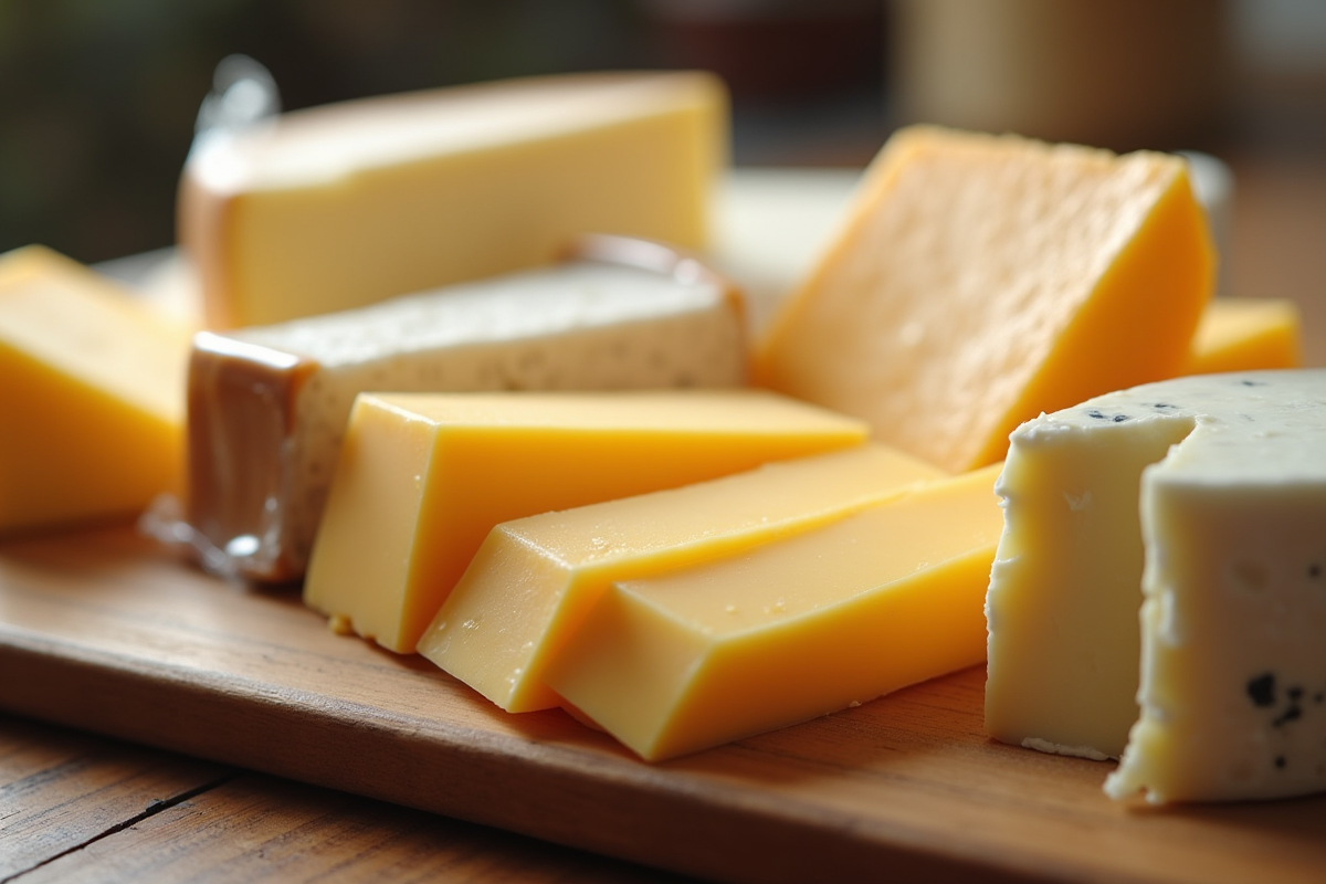 Assortiment de fromages sur planche en bois pour article