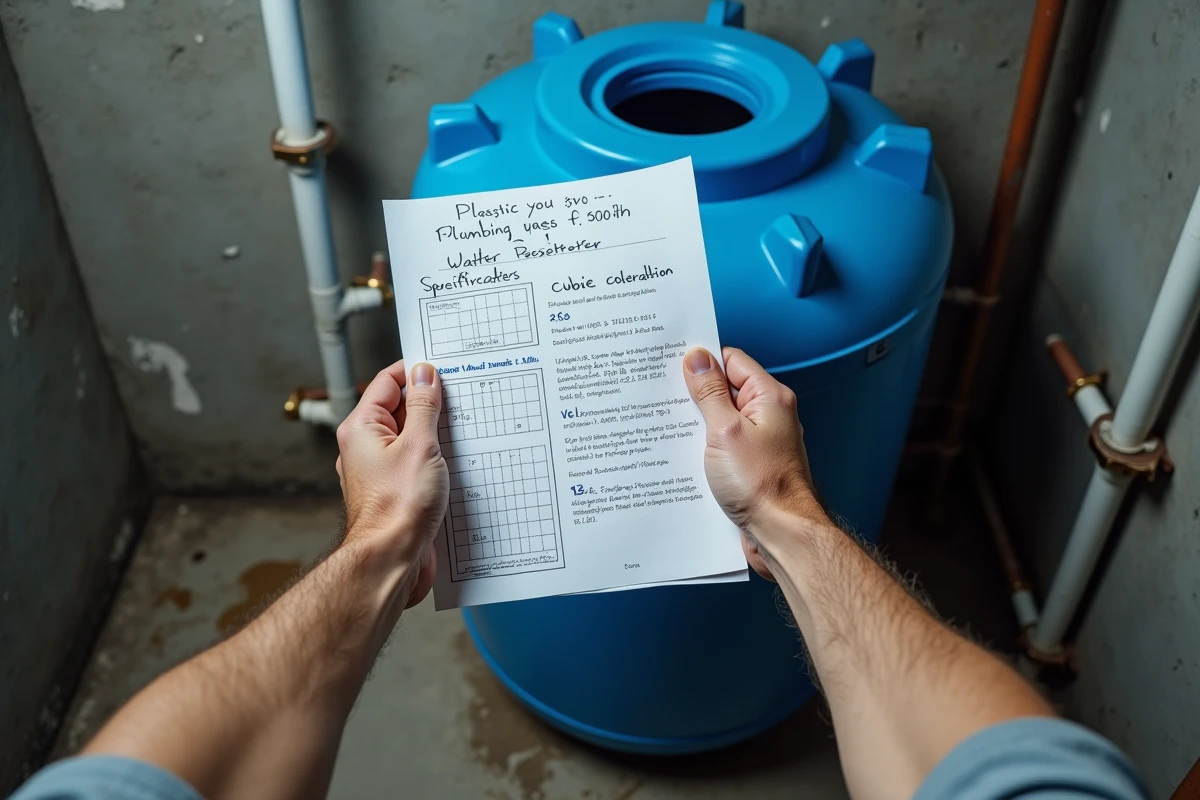 Mains de plombier tenant une fiche technique de cuve avec des conversions de mètres cubes en litres annotées à la main en sous-sol