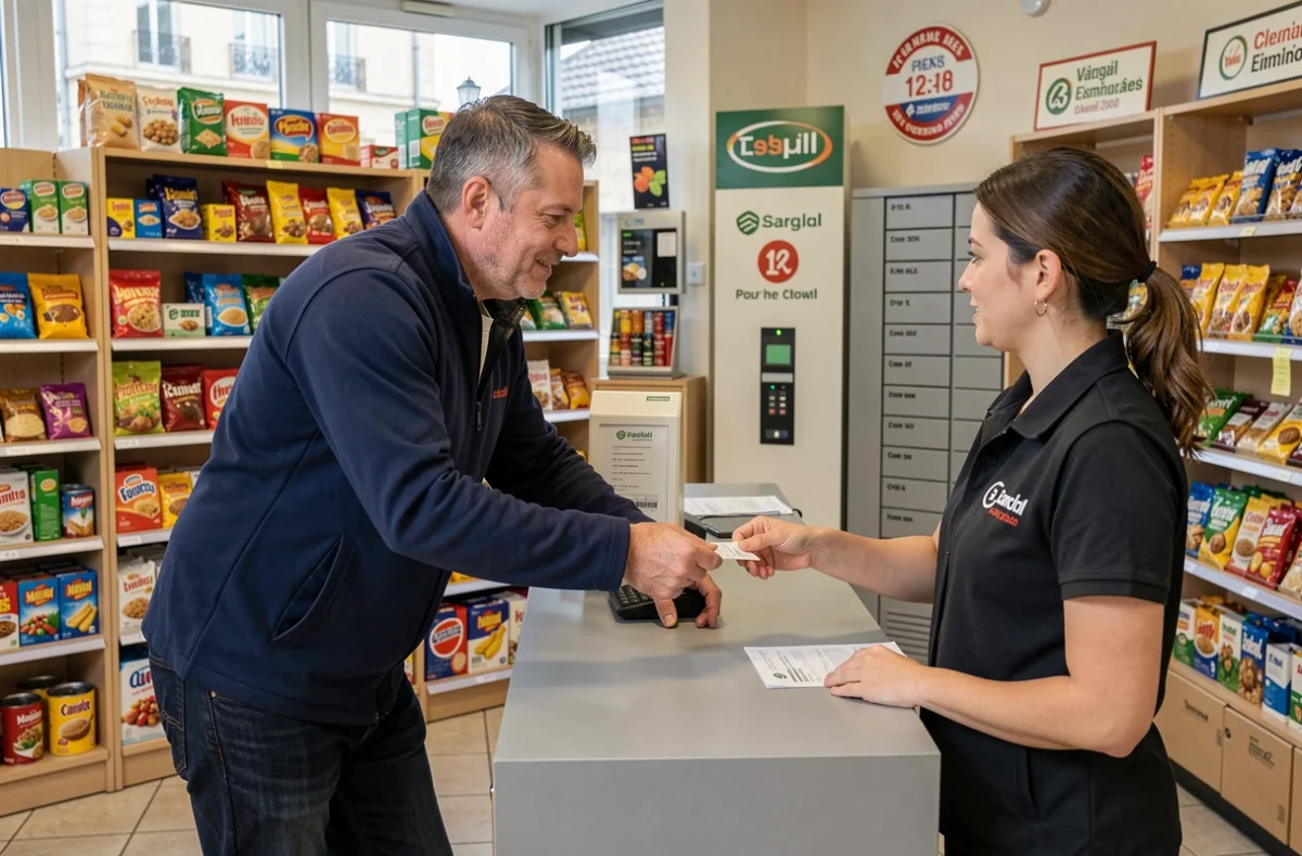 Client récupérant un colis dans un point relais LP Collect avec une employée en magasin de proximité