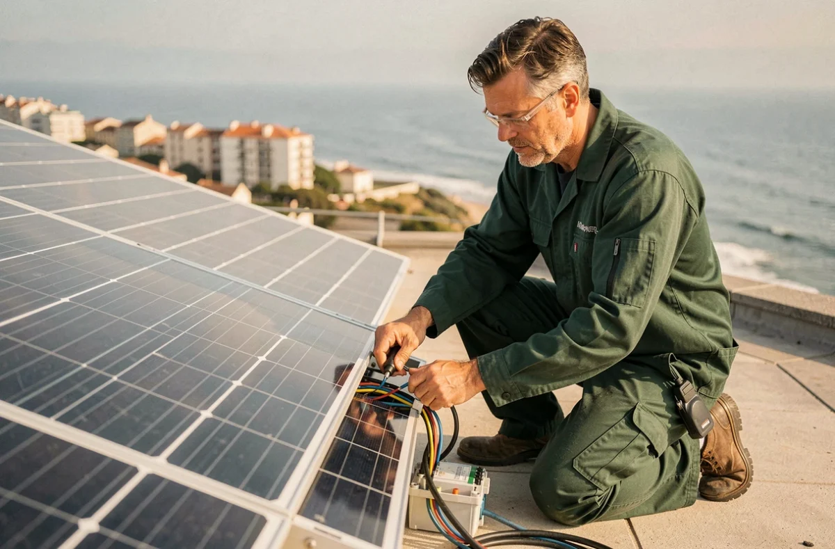 Technicien de PPF La Rochelle connectant des câbles de panneaux solaires sur un toit terrasse avec vue sur la côte