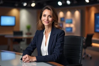 Présentatrice de télévision française souriante dans un studio de diffusion, portrait éditorial réaliste