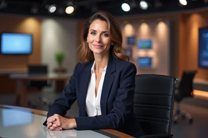 Présentatrice de télévision française souriante dans un studio de diffusion, portrait éditorial réaliste