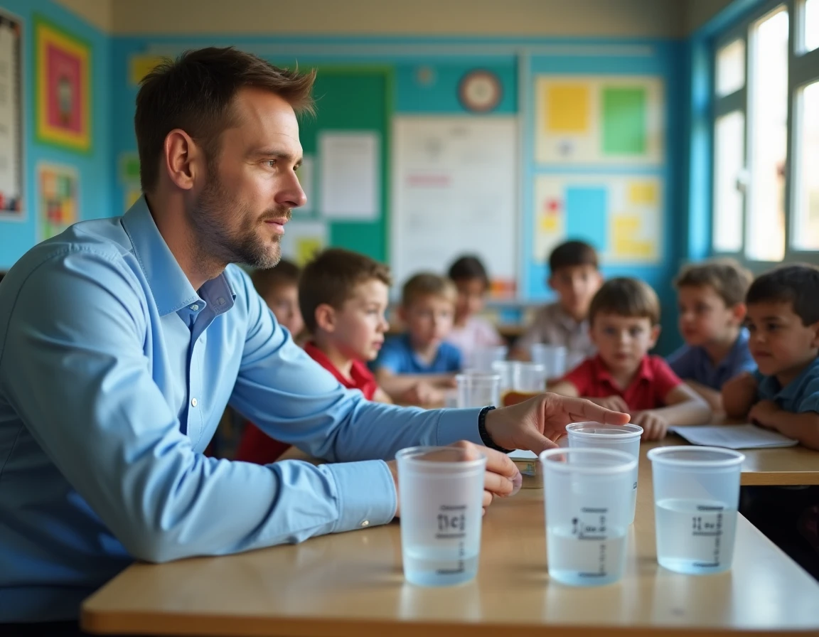 Enseignant expliquant les mesures de contenance en litres et centilitres avec des récipients en classe primaire