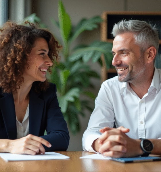 Deux professionnels en réunion dans un bureau moderne