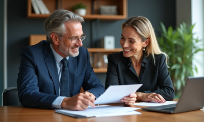 Deux professionnels souriants échangent des documents dans un bureau moderne