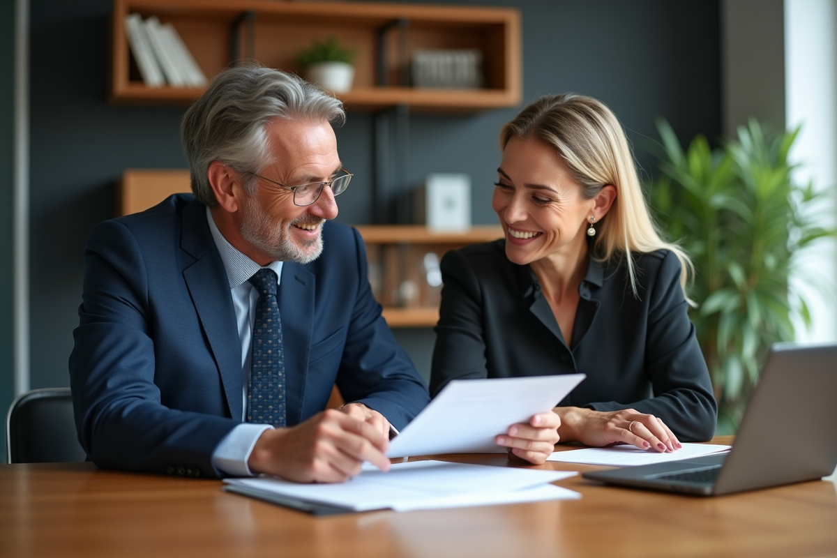 Deux professionnels souriants échangent des documents dans un bureau moderne