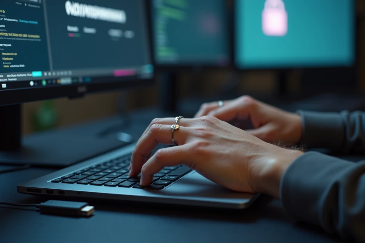 Gros plan de mains tapant un mot de passe sécurisé sur un clavier avec un gestionnaire de mots de passe affiché à l'écran