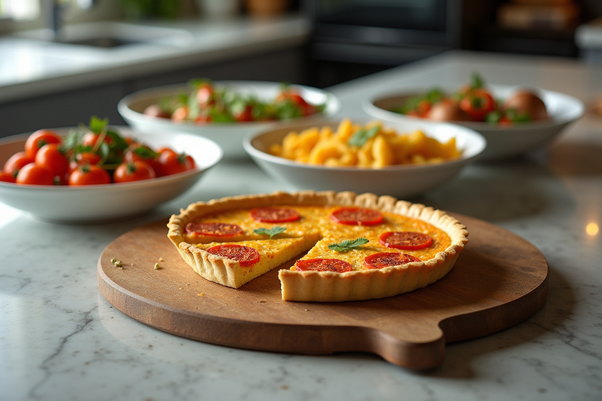 Quiche au chorizo tranchée sur plan de cuisine moderne