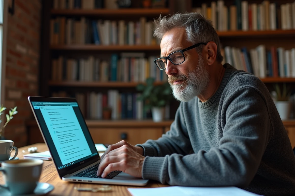Homme analysant des données en ligne sur un ordinateur portable depuis son bureau à domicile entouré de notes de recherche