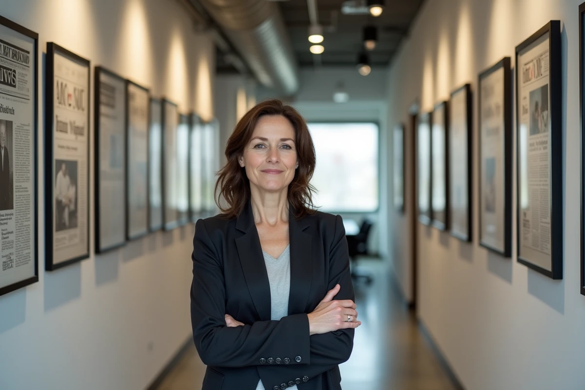 Rédactrice en chef d'un média de presse en ligne posant dans un couloir éditorial orné de unes de journaux encadrées, symbolisant l'identité et la direction d'un organe de presse