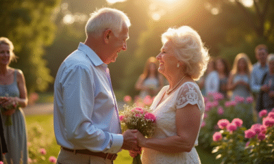 Couple âgé souriant lors d'une cérémonie de renouvellement de vœux dans un jardin ensoleille