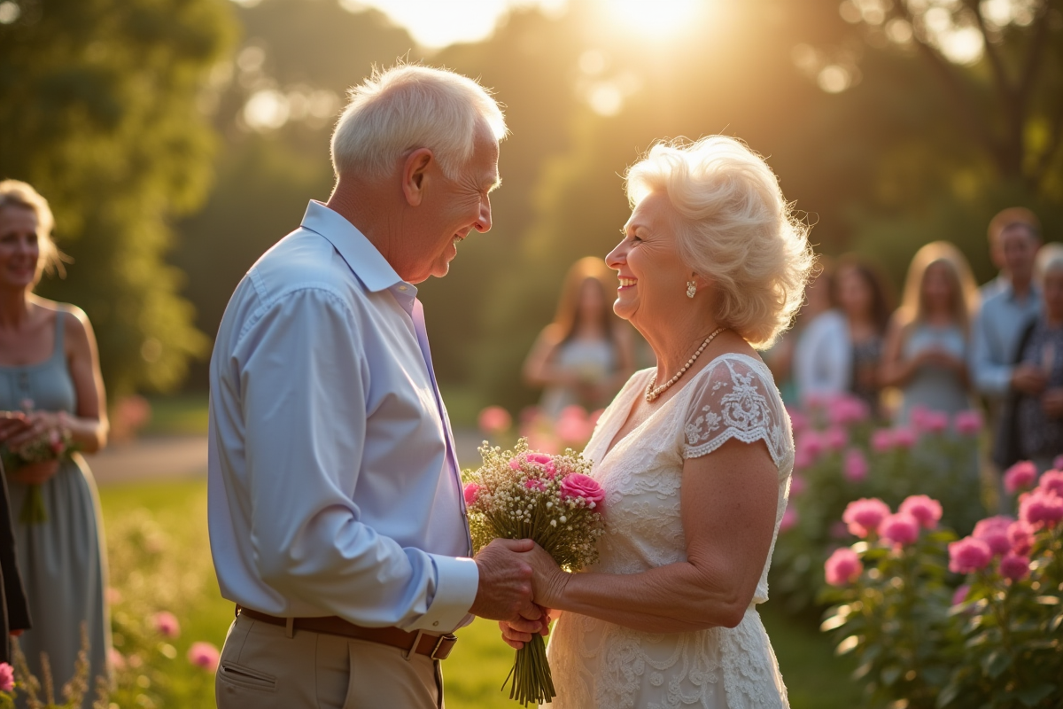 Couple âgé souriant lors d'une cérémonie de renouvellement de vœux dans un jardin ensoleille