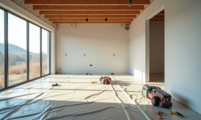 Salon moderne en rénovation avec câblage électrique visible