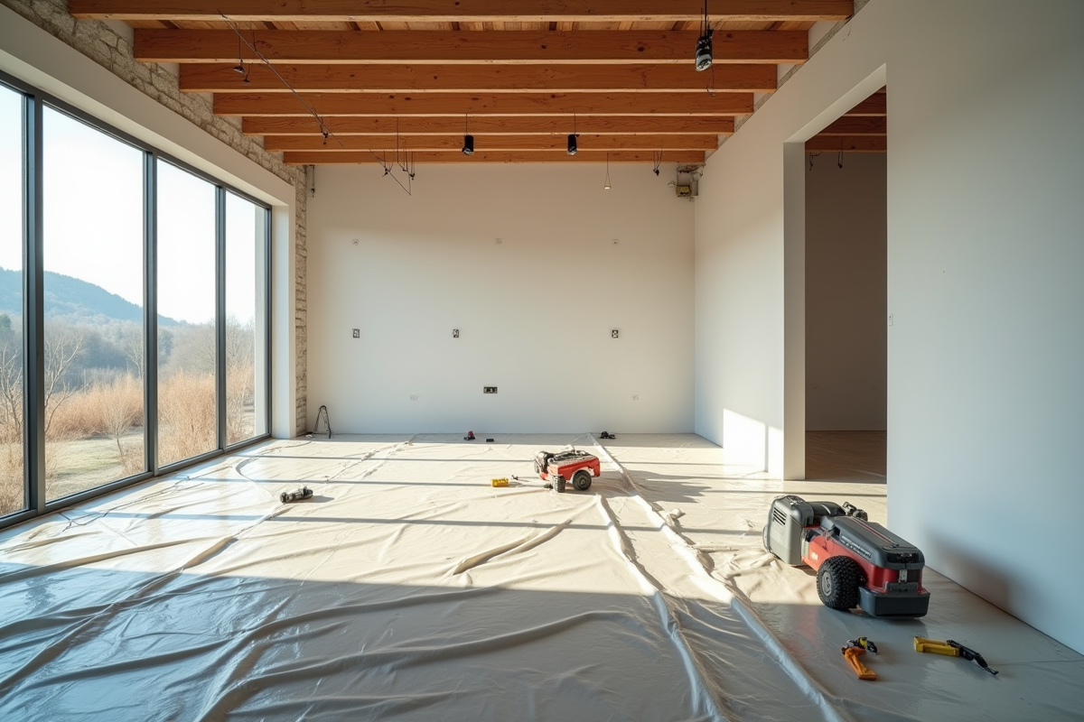 Salon moderne en rénovation avec câblage électrique visible