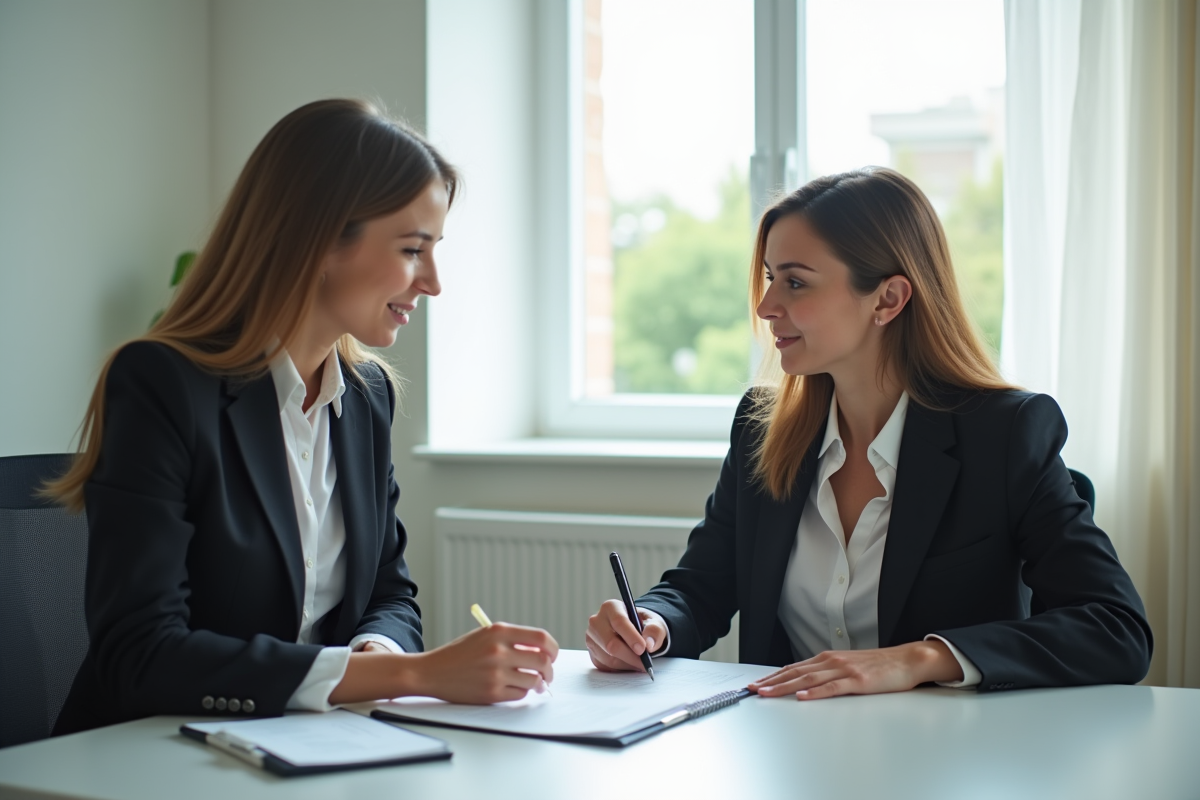 Femme en costume vérifiant un dossier de location dans un bureau lumineux