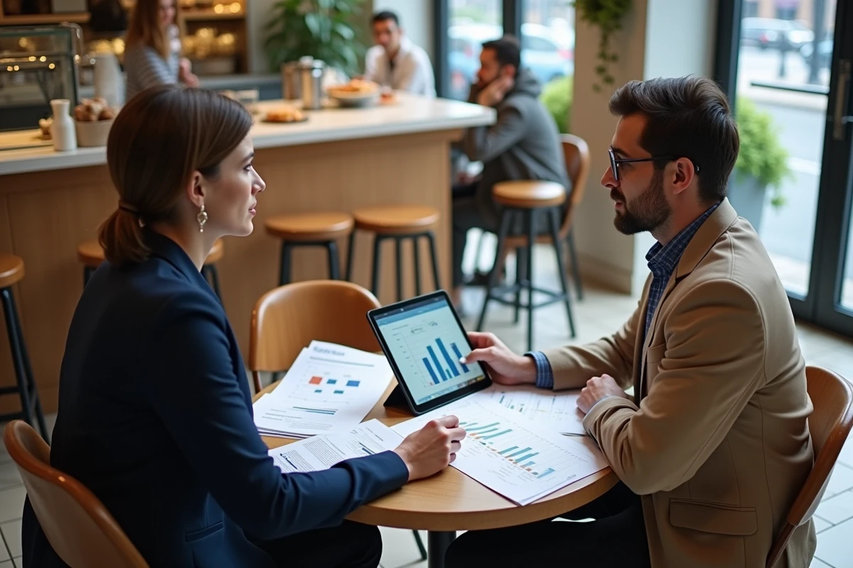 Deux professionnels discutant d'une stratégie de monétisation durable autour de rapports imprimés et d'une tablette dans un café