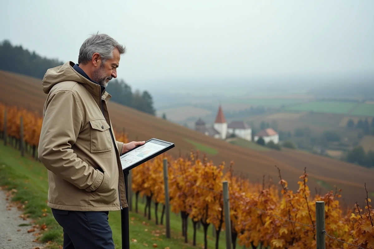 Homme consultant un panneau de patrimoine sur la Route des Vins d'Alsace avec vignobles dorés en arrière-plan en automne