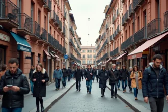 Rue animée du centre-ville de Toulouse avec immeubles en briques roses et passants diversifiés
