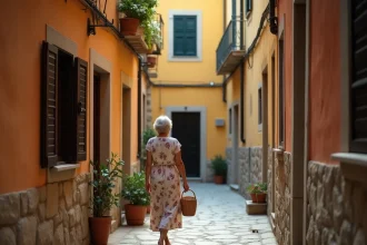 Ruelle pavée d'une petite ville italienne avec des murs en pierre et des volets en bois, illustrant les villes italiennes en 4 lettres pour mots croisés