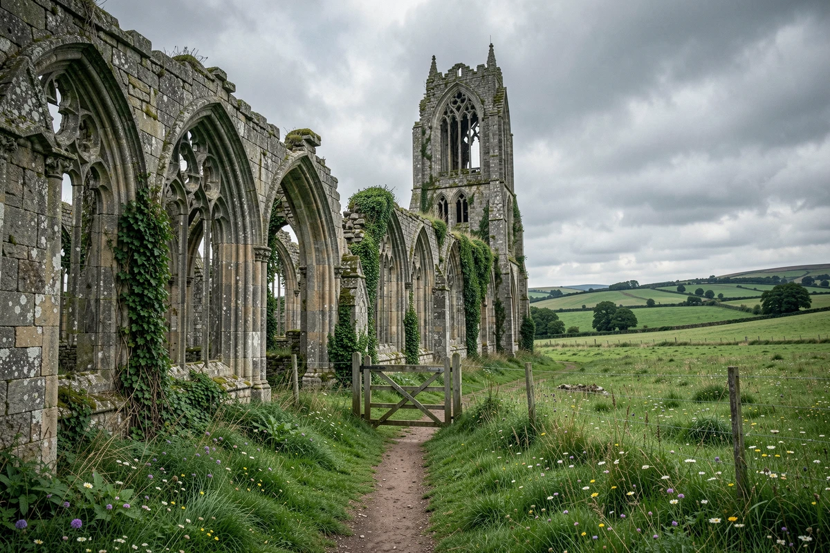 Ruines d'une abbaye anglaise dissoute lors de la Réforme d'Henri VIII au XVIe siècle dans la campagne anglaise