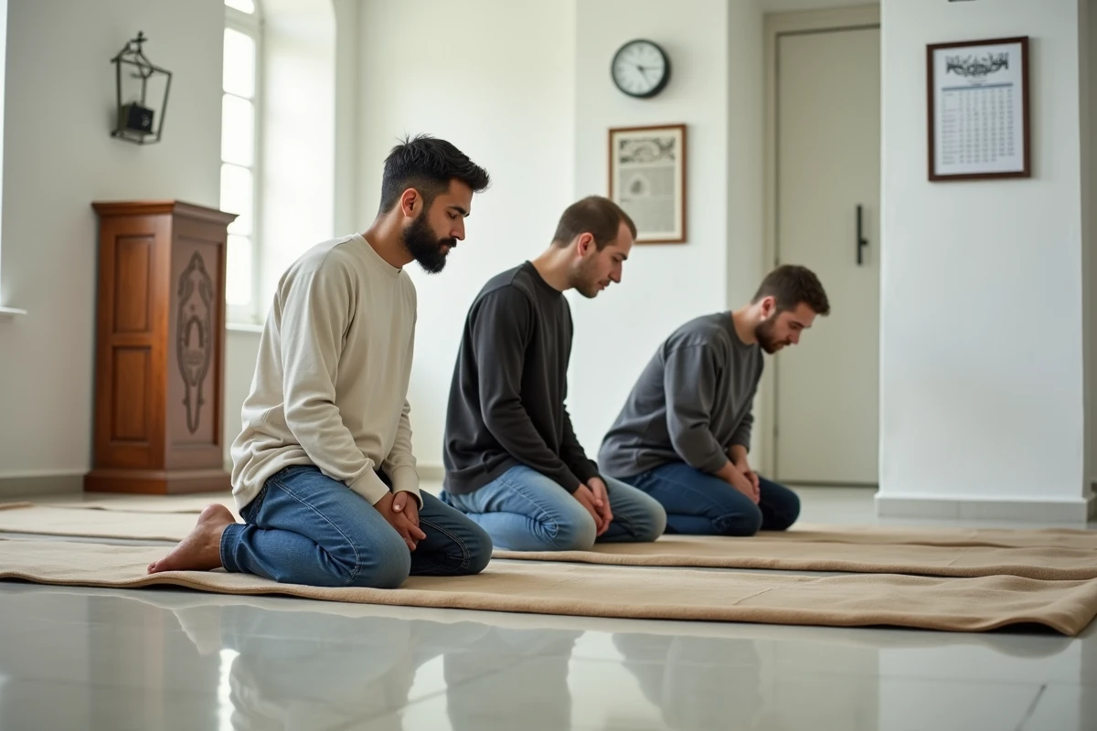 Salle de prière d'une mosquée à Compiègne avec tableau des heures de prière affiché