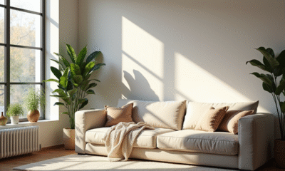 Salon moderne avec grandes fenêtres et canapé confortable