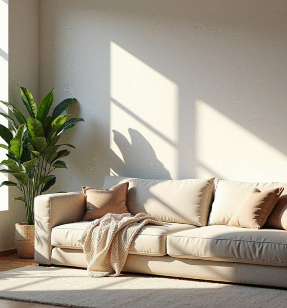 Salon moderne avec grandes fenêtres et canapé confortable