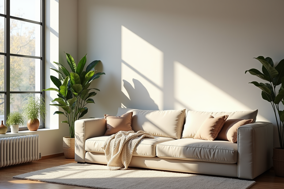Salon moderne avec grandes fenêtres et canapé confortable