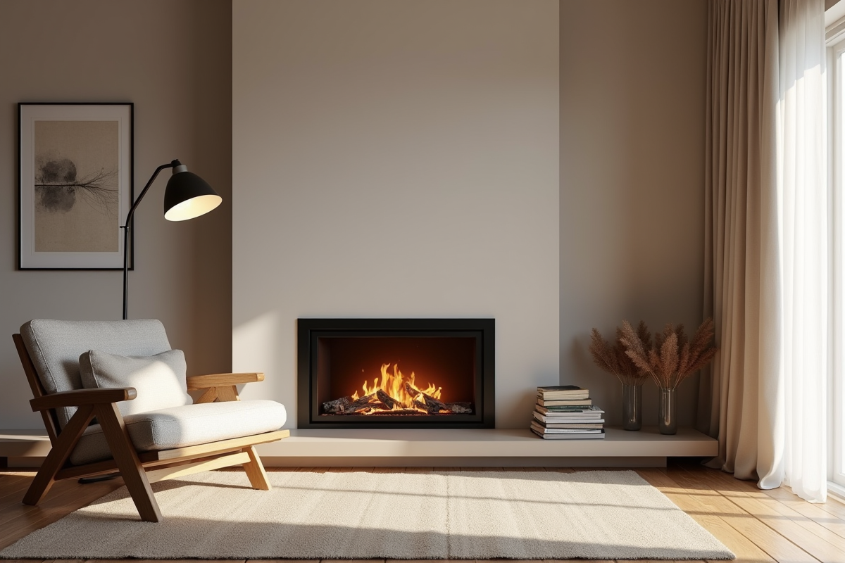 Salon scandinave avec cheminée et fauteuil design